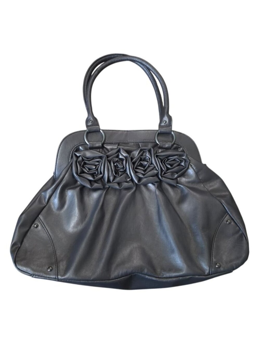 City Streets Tote Bag Gray Synthetic Material Decorative Floral Rosette Handles